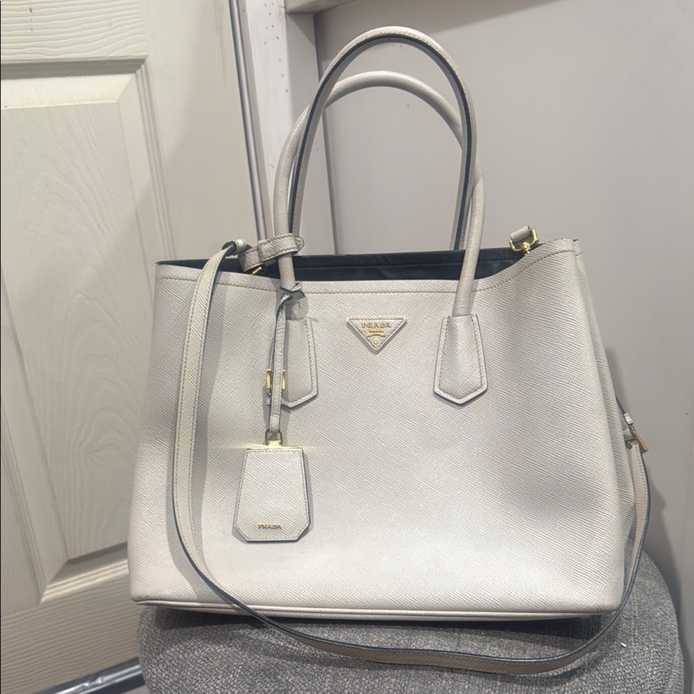 Prada Saffiano Cuir large Double Bag /White Leather Tote Bag
